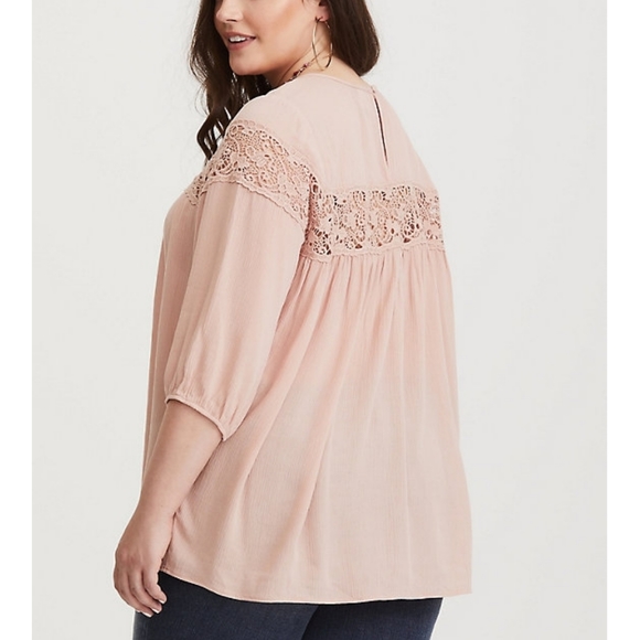 DONATING 1/20/25 Torrid Pink Gauze Lace Inset Blouse - Picture 3 of 7